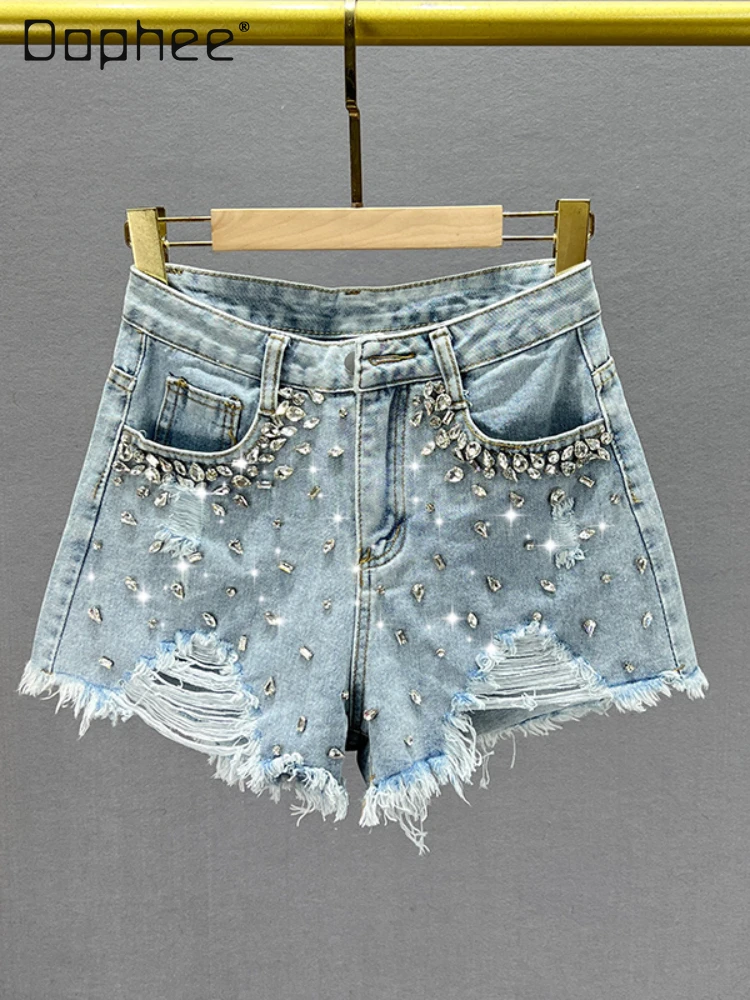 

Ripped Denim Shorts Women Trendy 2024 New Summer High Waist Slimming European Station Diamond-Embedded Hem Wide Legs Hot Pants