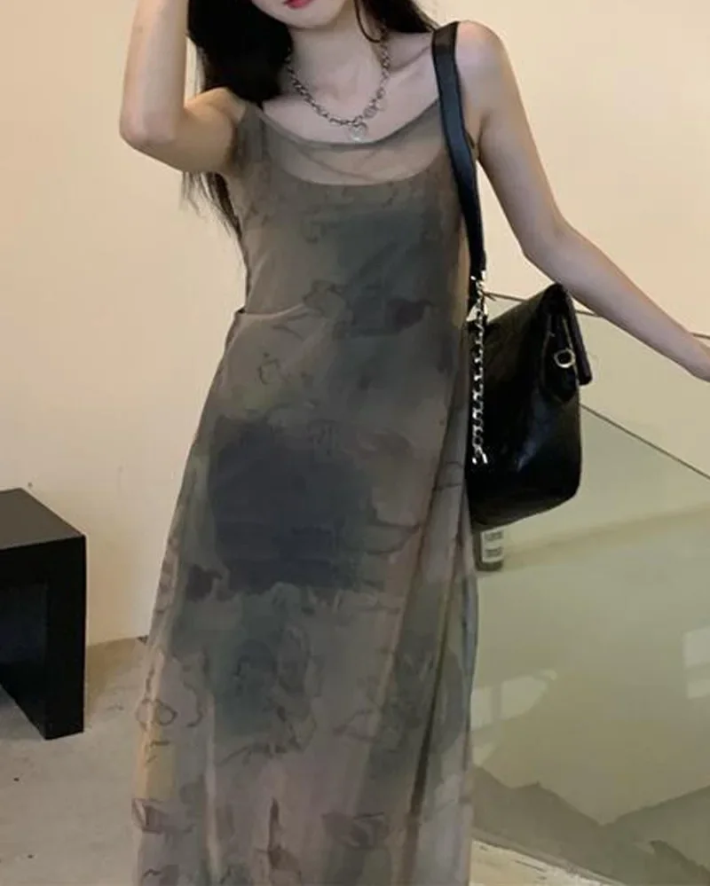 니치 예술적 컬러 한국 스타일 타이다이 디자인 메쉬 스트랩 드레스 다용도 블랙 가디건 수트 캐주얼 패션 여성 세트