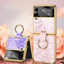 

Shell Patterned Tempered Glass Case for Samsung Galaxy Z Flip 3 5G Ring Holder Stand Cover Electroplate Frame Lens Glass Case