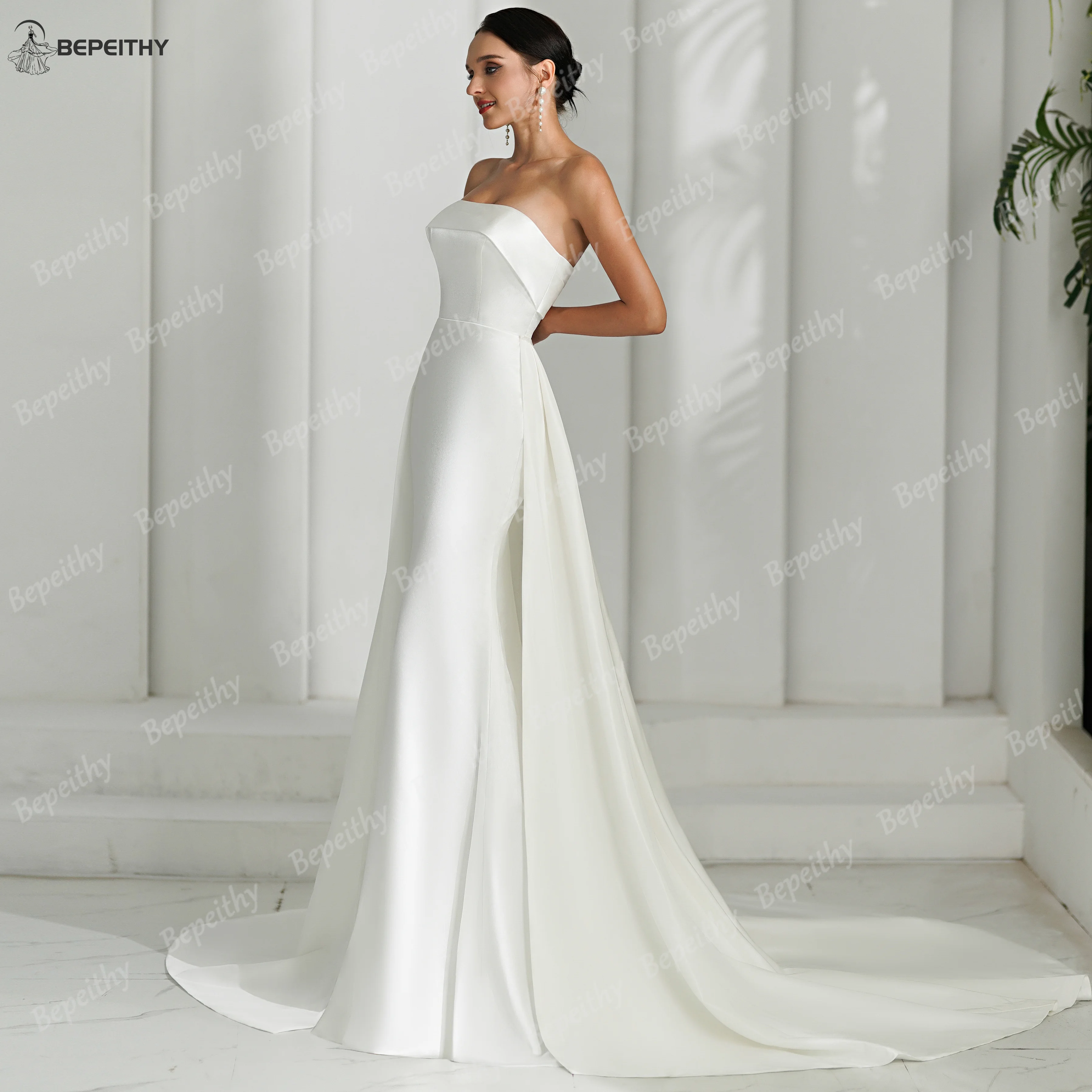 BEPEITHY Customized Mermaid Ivory Satin Wedding Dresses For Women 2026 Classic Strapless Plus Size Bridal Gown With Train