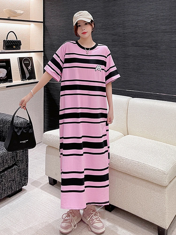 

NYFS 2023 Summer New Korea Woman Dress Vestidos Robe Ete Femme Elbise Stripe Slit Loose Plus Size Embroidery Long Dresses