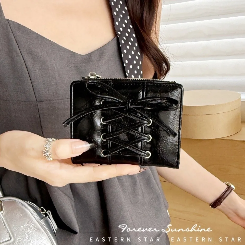 New Folding Coin Purse Portable Zipper Credit Card Holder Strap Bow Mini Wallets Women