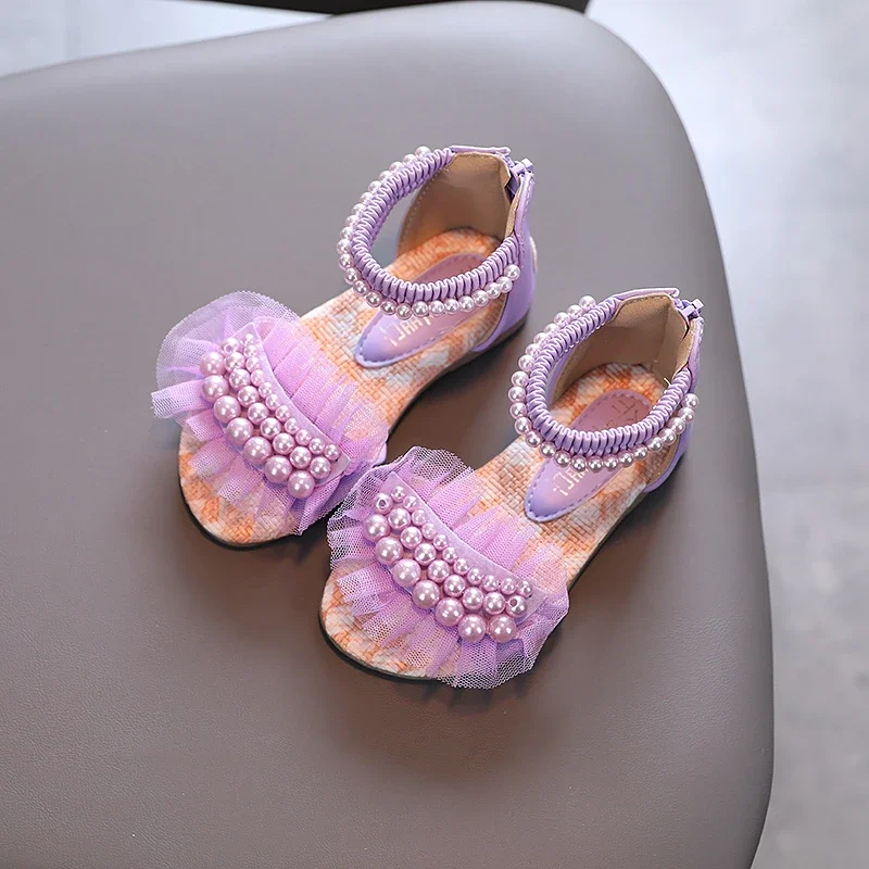 Girl's Sandals Lace Pearl Zipper Sweet Luxury Summer Children Sliders Open Toe 21-36 Toddler Fashion Soft Dance Kids Sliders