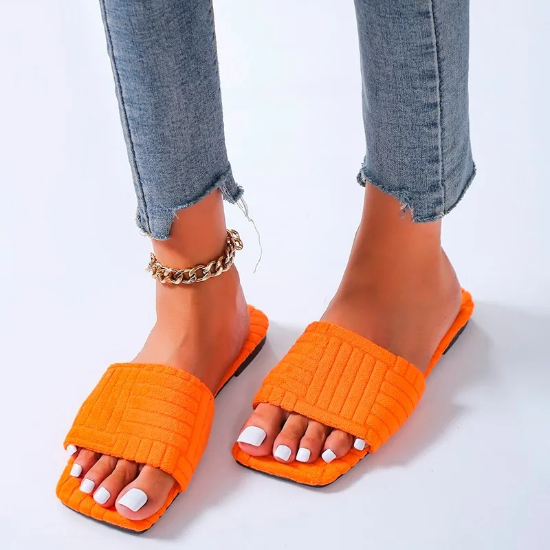 2023 NewTowel Pattern Slippers Women New Embossed Cotton Drag Home All-match Sandals Candy Color Slippers Furry Slides for Women