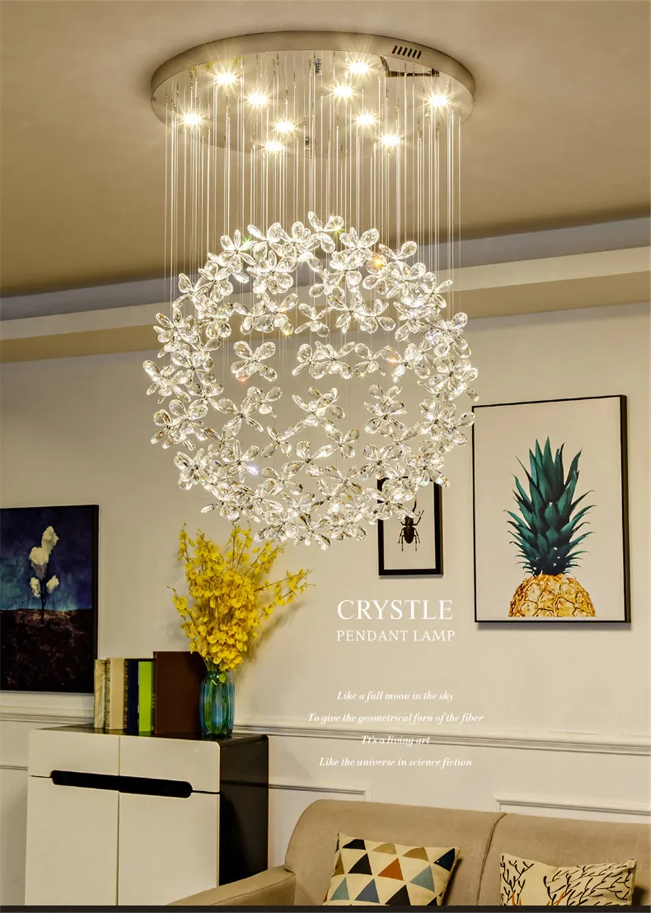 Description Picture 3 of itemModern minimalist living room crystal chandelier K9 circular flower ball luxury LED light bedroom stairs ceiling pendant lamp