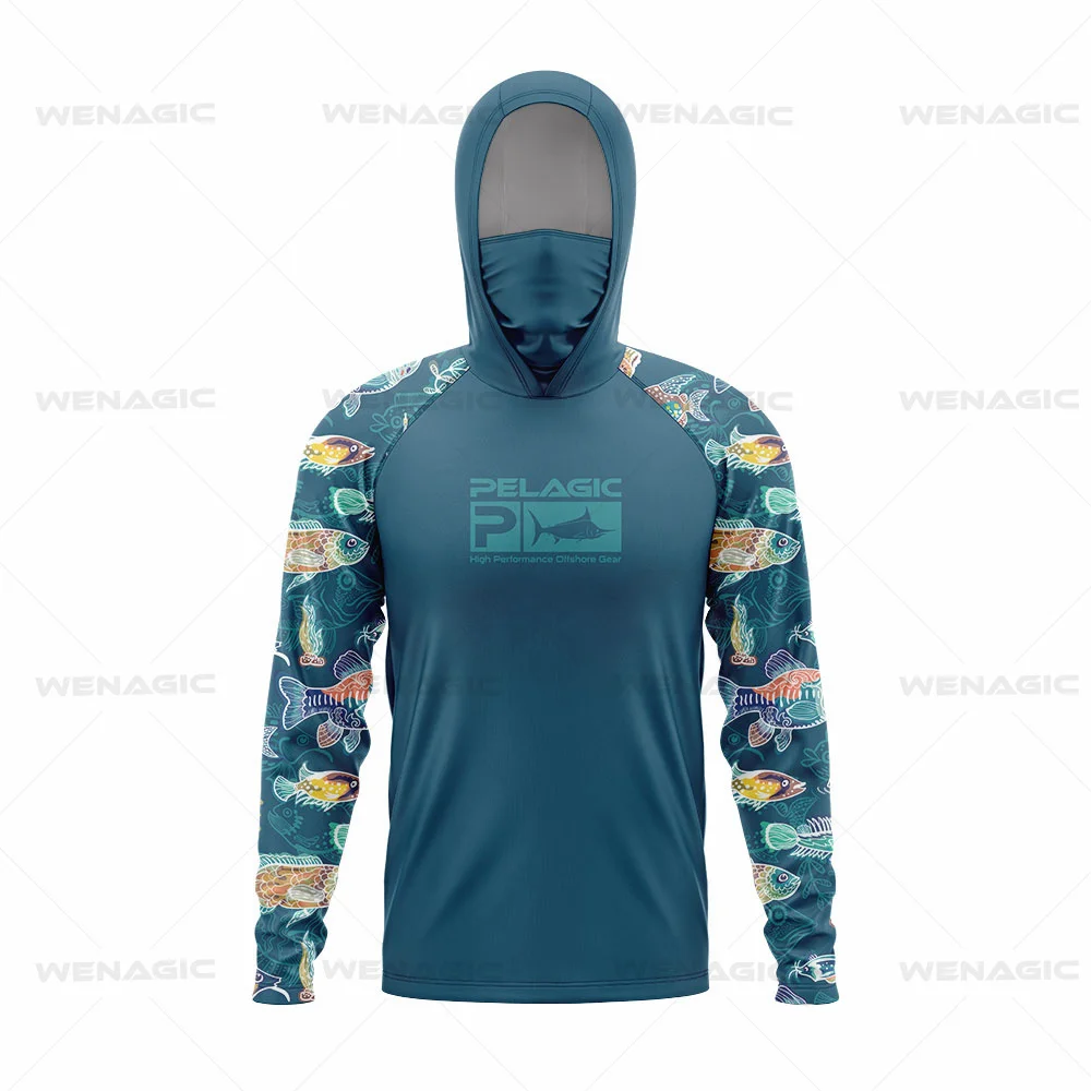Pelagic Grea Fishing Shirts z ochroną UV, długi rękaw, osłona twarzy z kapturem, szybkoschnące topy, maska wędkarska Upf 50