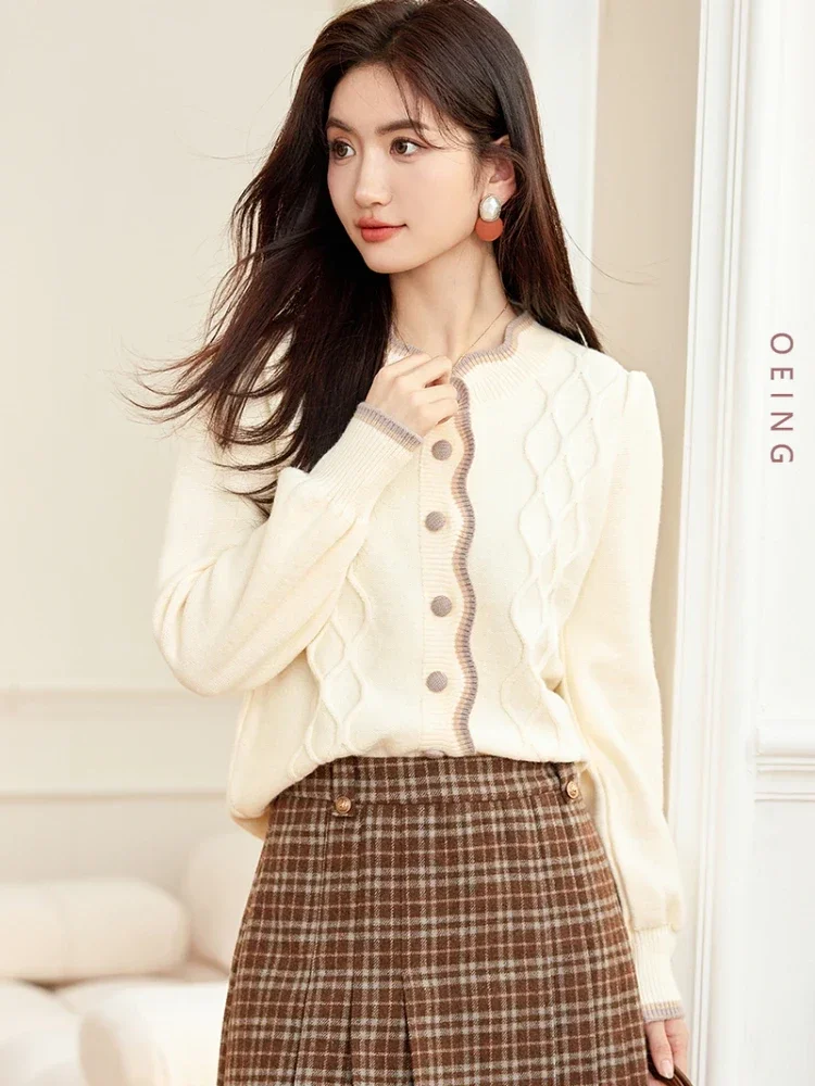 

Женский вязаный кардиган, элегантный свитер абрикосового цвета с волнистым вырезом, свободный трикотажный кардиган во французском стиле на осень и зиму, C5010