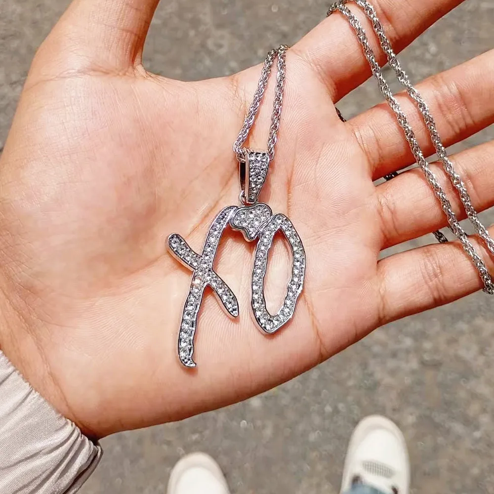 Iced Out XO Pendant Necklace Silver Color Zircon Letter Twists