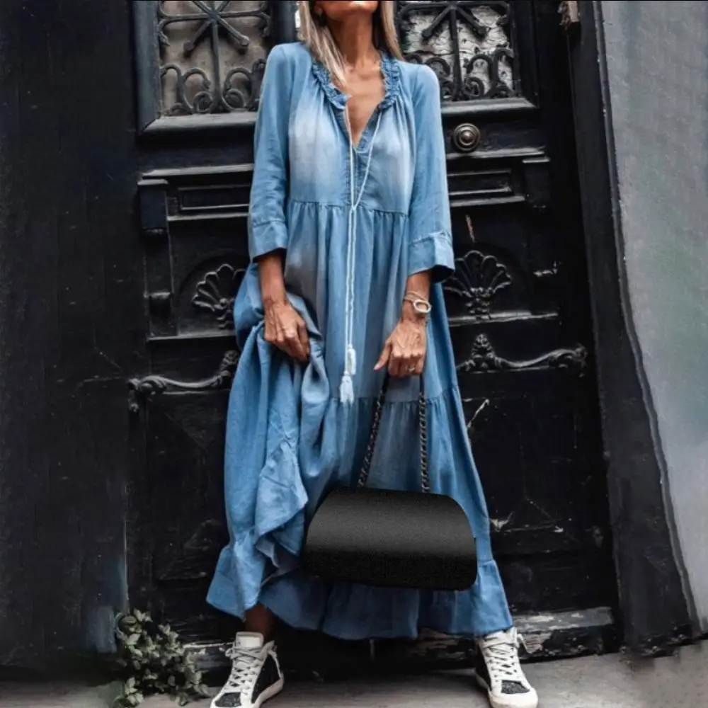 

Tassel 3/4 Sleeve Loose Women Dress Vintage Lace V Neck Large Hem Maxi Denim Dress