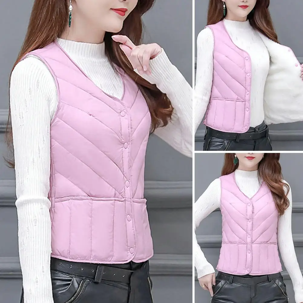 

V-neck Women Jacket Winter Vest Coat Padded Slim Fit Single-breasted Cardigan for Women Warm Windproof Lady Waistcoat Button