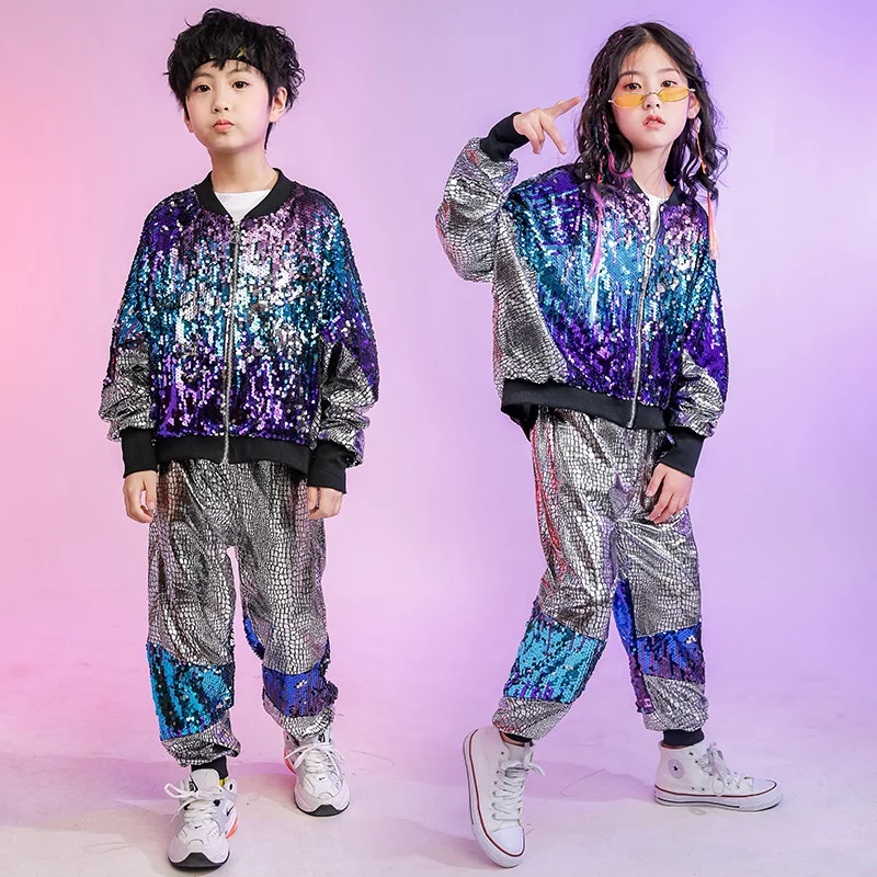 

Kid Hip Hop Clothing Sequined Coat Jacket Loosed Silver Pants For Girls Boys Street Jazz Dance Costume Performan Clothes Wear