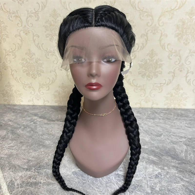 Long Middle Parting Lace Frontal Synthetic Braided Wigs Lace Front Twins Cornrow Braided Wig for Black Women with Baby Hair