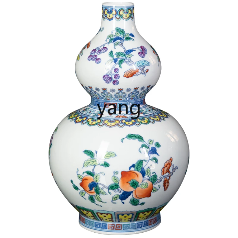 

L'm'm Blue and White Porcelain Vase Hand Painted Colorful Three-Pattern Double-Gourd Vase Chinese Household Ornaments