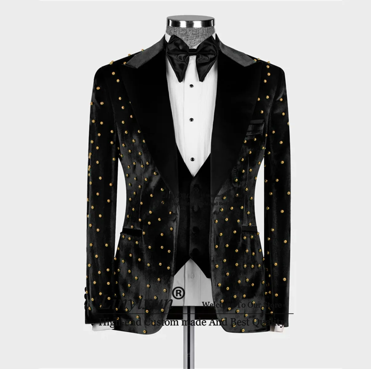 

Luxury Velvet Pearl Bead Mens Suits Slim Fit Groom Wedding Tuxedos Bridegroom Prom Blazers 3 Pieces Sets trajes de hombre