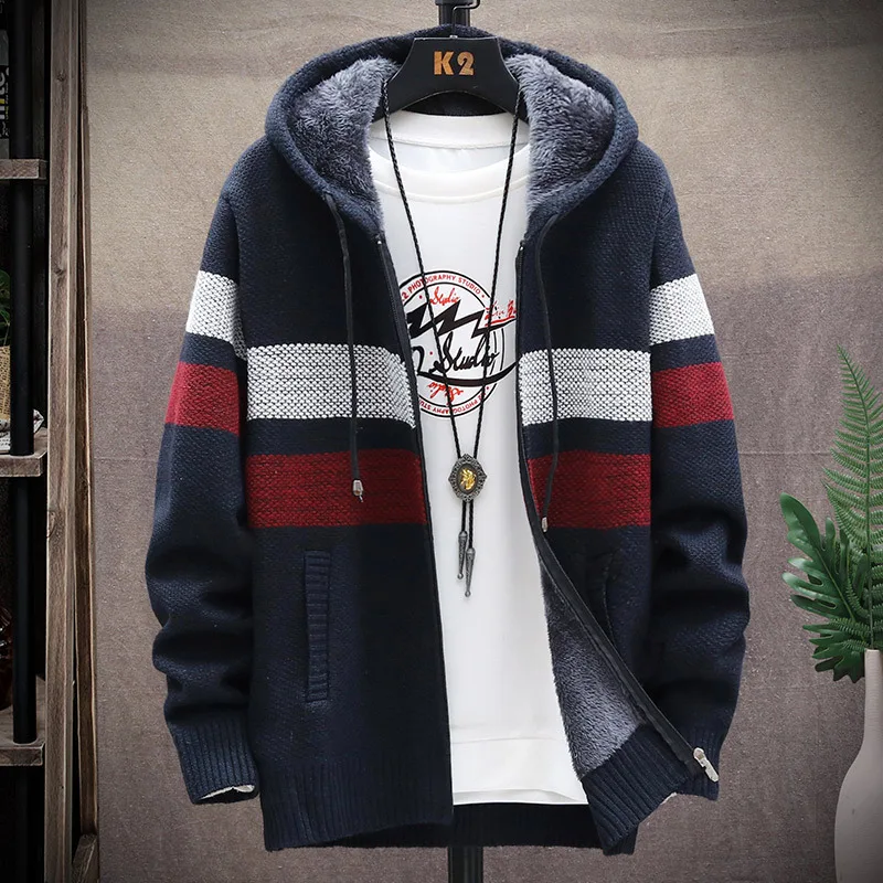 2023 Men's plush cardigan loose oversized casual color contrast fashion versatile jacket youth slim fitting trendy hooded jacket 5