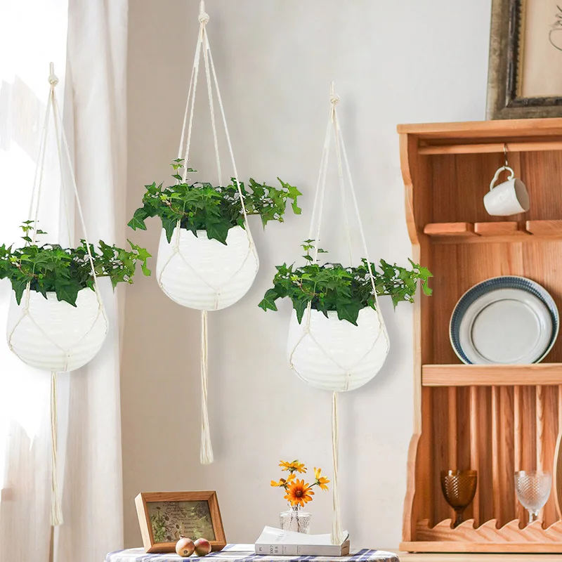 6 Ganci Per Piante In Macramè Con Ganci A S – Cotone Bianco, 105 Cm, Stile Boho Per Interni/esterni