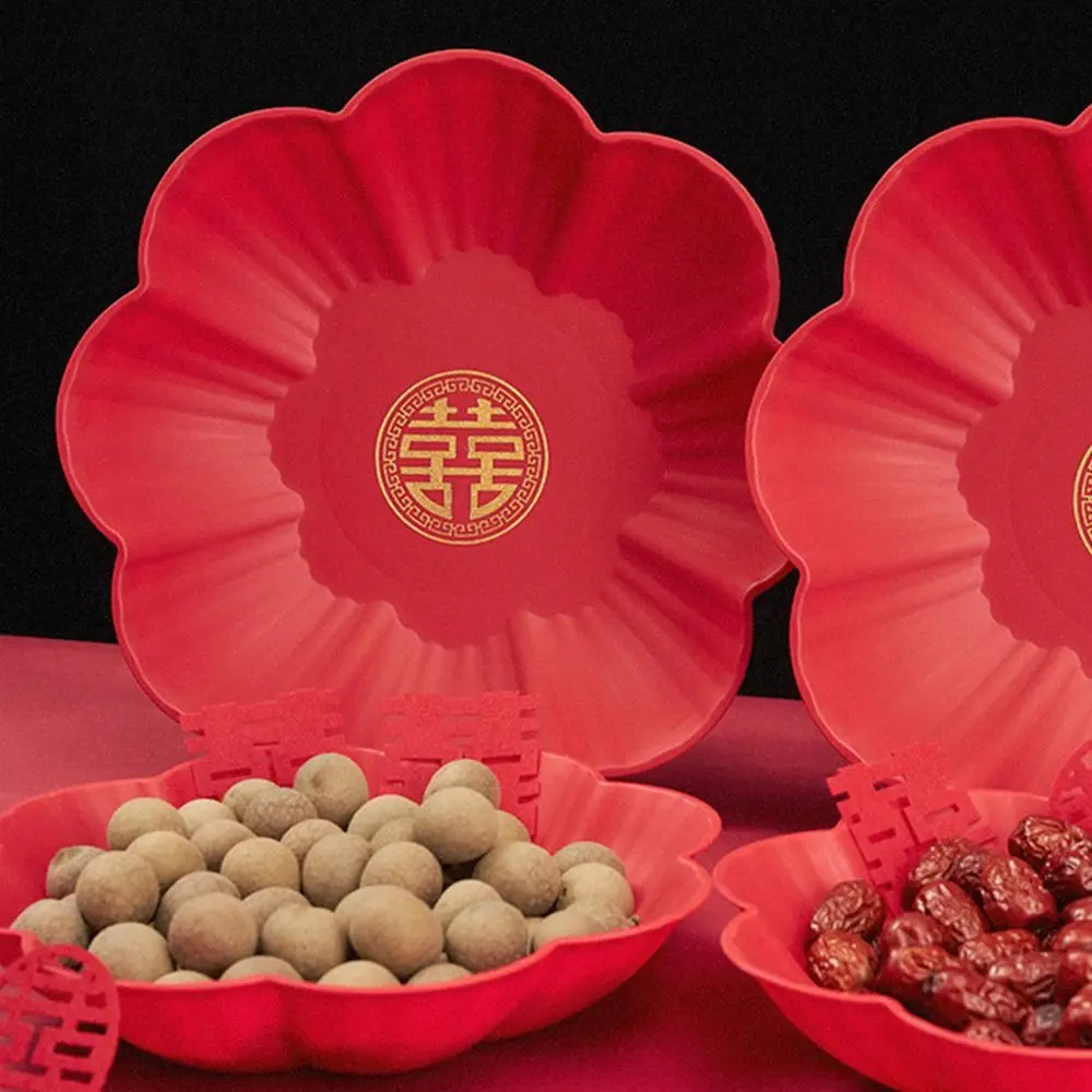 1Pcs Wedding Banquet Red Tray Durable Decorative Snack Fruit Toast Chinese Traditional Plate Festive Supplies Plastic Xi Tray
