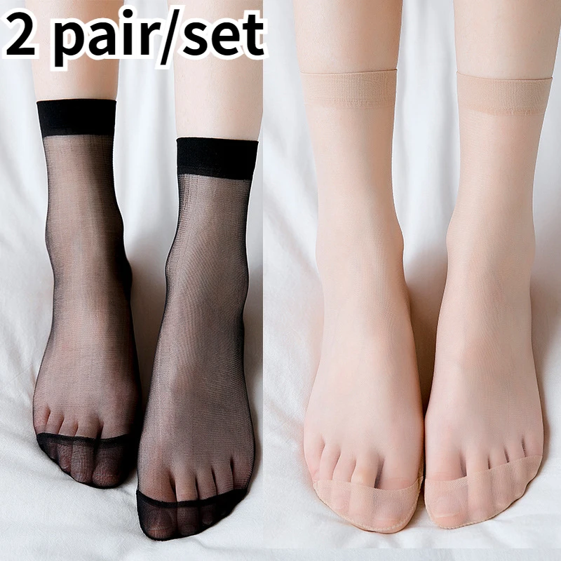 

2 Pairs Summer Sexy Ultrathin Transparent Crystal Silk Socks for Women Elastic Nylon Short Socks Women's Socks Female New