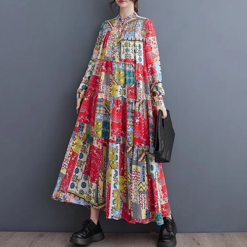

#3780 Spring 2024 Vintage Printed A-line Dress Stand Collar A-line Dress Long Sleeve Buttons Split Joint Retro Woman Dress Loose