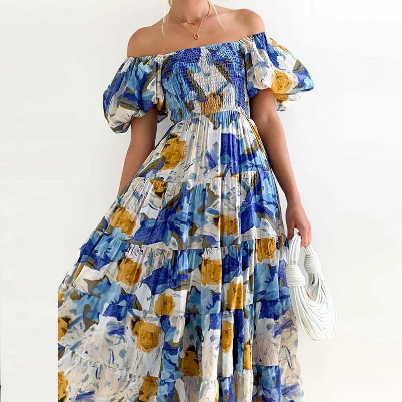 

Sexy Off Shoulder Pleated Boho Long Dress Summer New Vintage Lantern Sleeve Print Dress Women Casual Pattern Holiday Maxi Dress