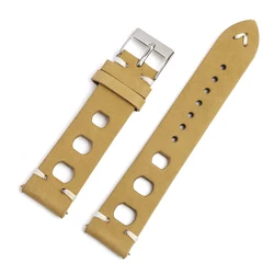 Vintage Genuine Leather Racing Watch Band with Quick Release and Breathable Design, Handmade Stitching - 22mm (Yellow brown)