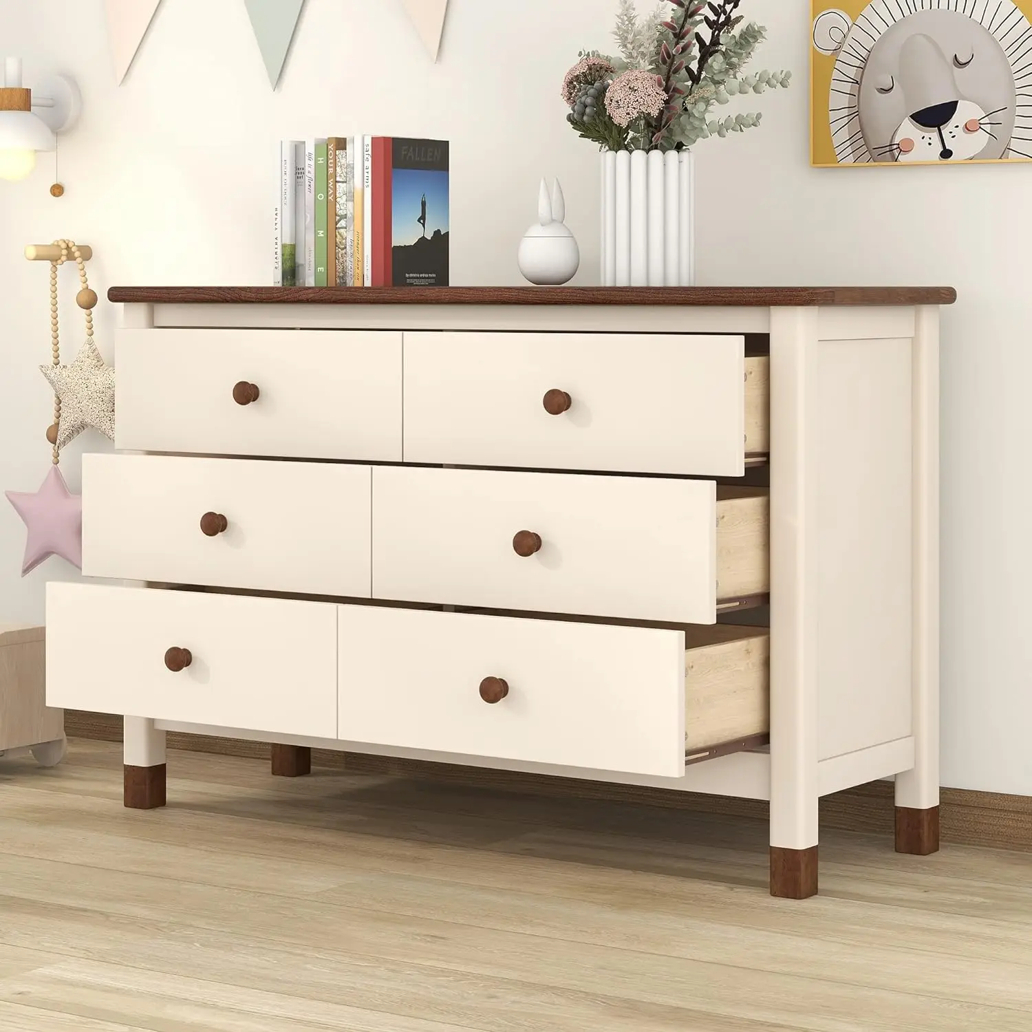 

Wooden Dresser with 6 Drawers,Storage Cabinet for Kids Bedroom,Cream+Walnut