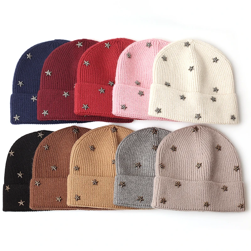 Frauen Gold Silber Stern gestrickt Winter Mütze Mode solide Herbst warm lässig Schädel Mützen weibliche weiche dicke gerollte Hüte