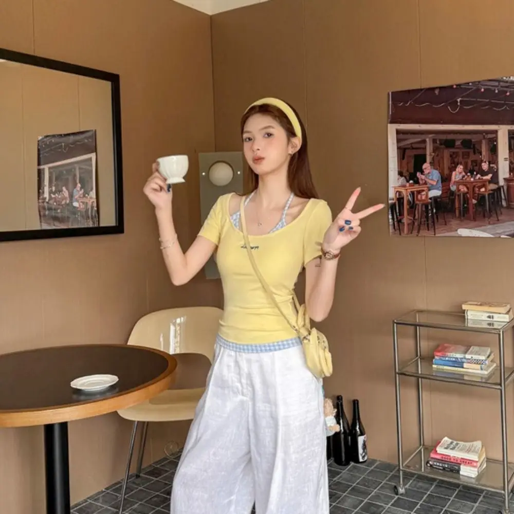 Ins Style Blue Grid Long Sleeve T-shirt Simple Lace Slim Thin Pullover Bottoming Shirt Undershirt Crop Top Women Y2k Autumn