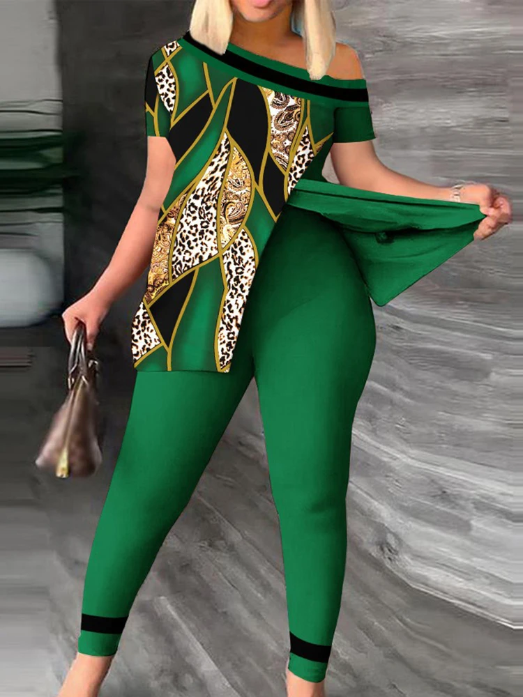 

Women's Casual 2 Piece Sets New Summer Fashion Print Skew Neck Split Hem Short Sleeve Top & Slim Pants Set 2023 Women Clothes