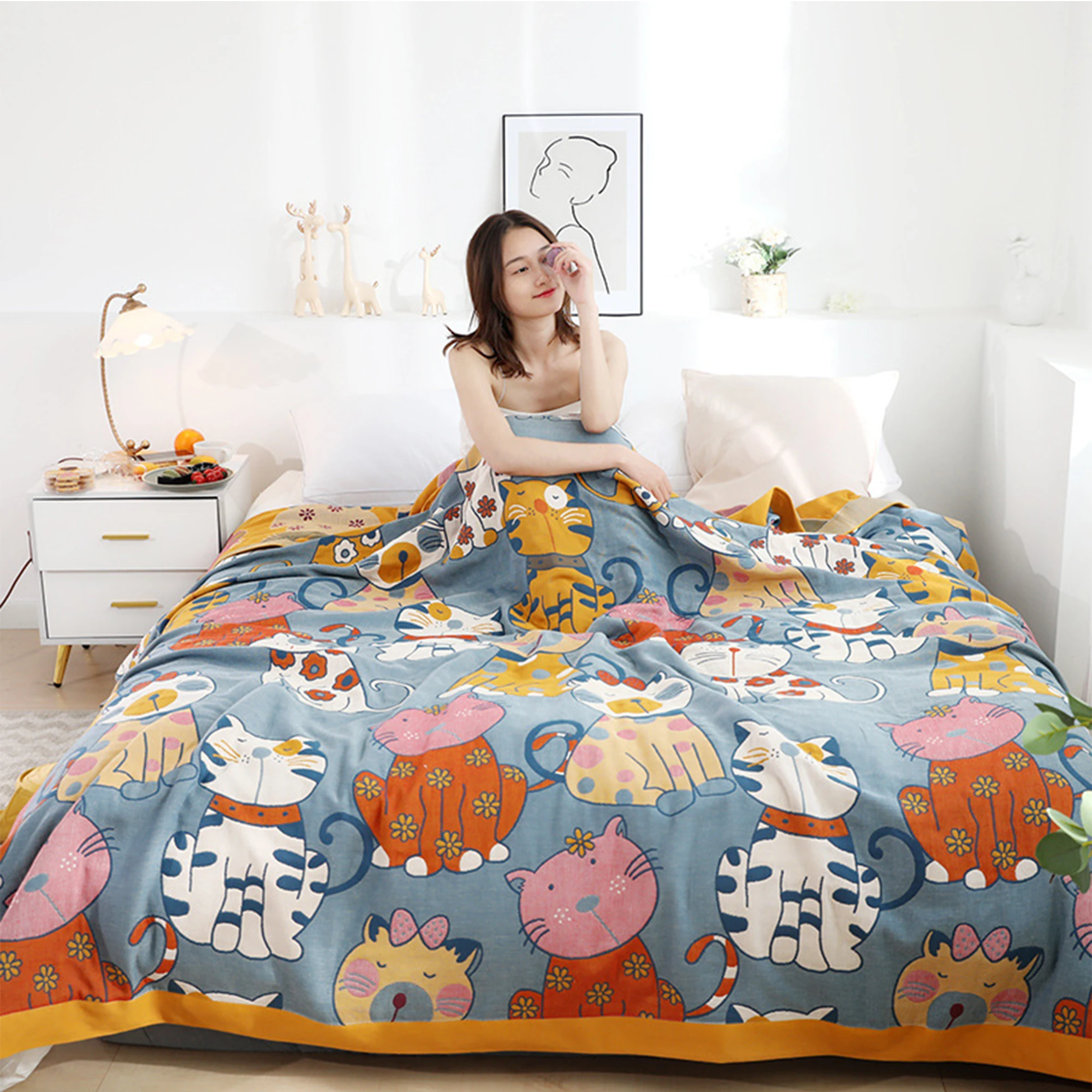 

Japanese leisure blanket throw Kawaii sofa towel cartoon cat summer cool quilt single double 100% cotton bed spread soft sheet