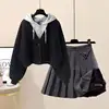 Plush Thickened Casual Long Sleeved Hooded Mini Pleated Skirt Two-piece Set Fashionable Women's Skirt Set 2