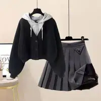 Plush Thickened Casual Long Sleeved Hooded Mini Pleated Skirt Two-piece Set Fashionable Women's Skirt Set 2