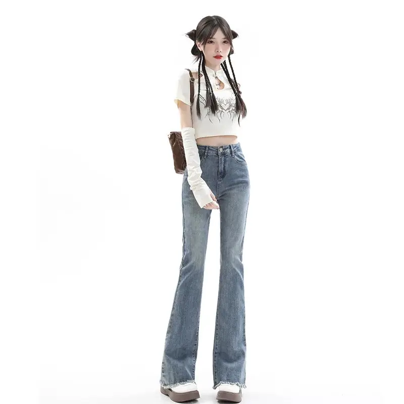 Raw Edge Micro Flared Jeans Female 2023 Spring And Autumn New High Waist Slim Show Sweet And Cool new washed denim ripped jeans raw edge stretchy micro flare demin pants female fashion office trendy