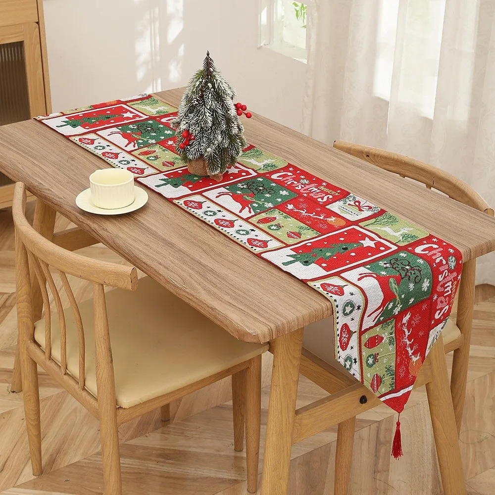 Flower Contrast Color Christmas Table Runner Tree Red Xmas Desktop Decoration Smooth Snowman Linen Table Cover Banquet