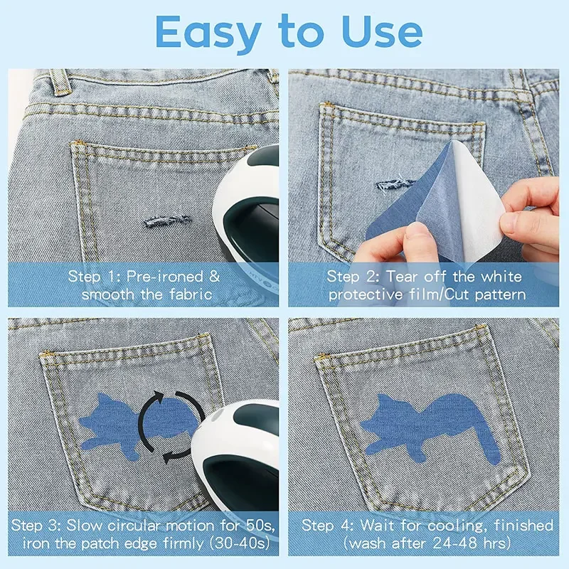 4-Pack Iron-On Denim Patches For Jeans - No-Sew Repair Patches For Jackets & Clothing (Ice Blue)