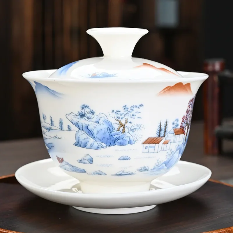 Ceramic Tea Tureen Lid Bowl Saucer Handmade Teaware Chinese Home Decor Kung Fu Porcelanas Tea Cup Sancai Gaiwan Cups