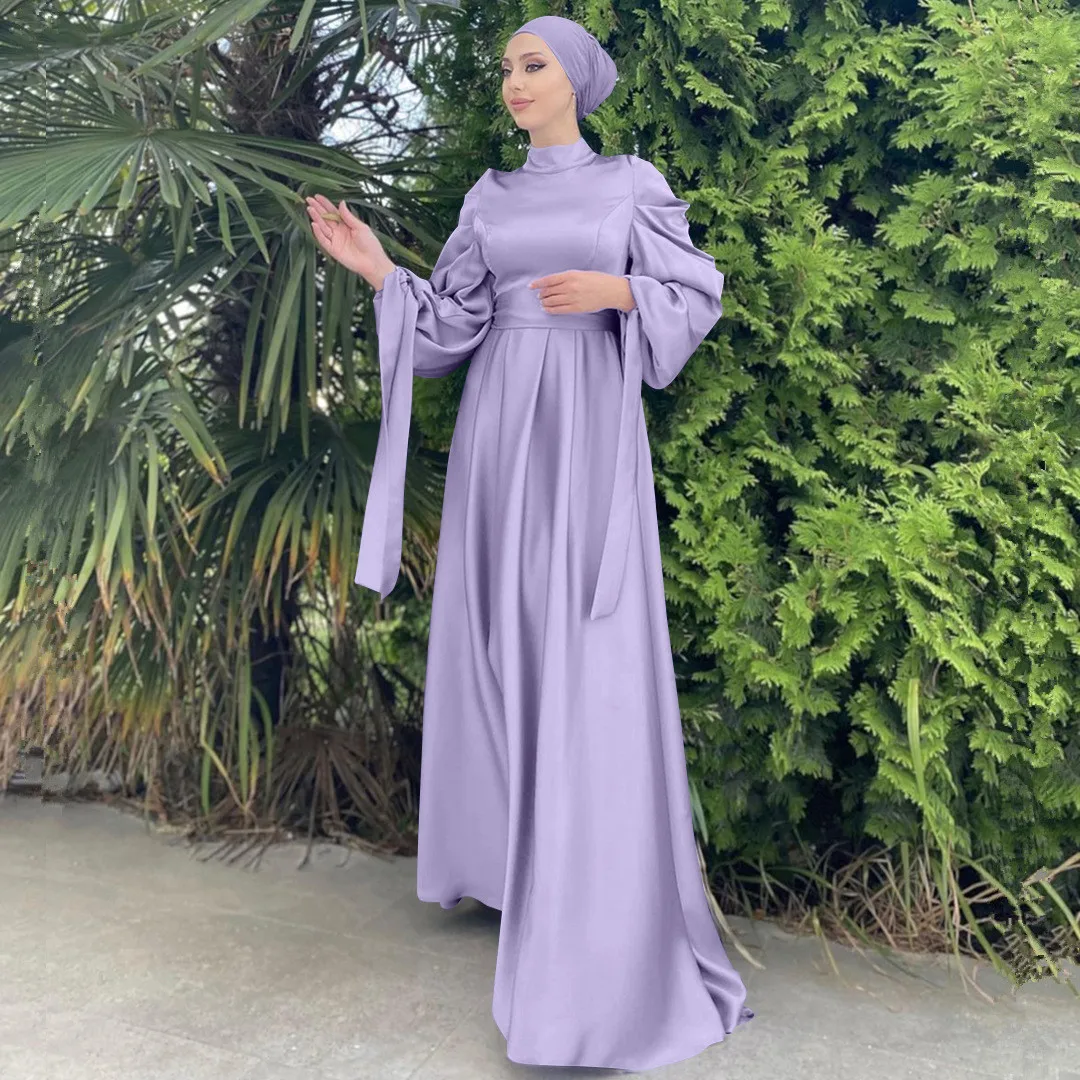 Muslim Clothing 2023 Women Islamic Satin Dress Arabic Pleated Abaya Dubai Balloon Sleeve Eid Mubarak Turkish Long Dresses Kaftan