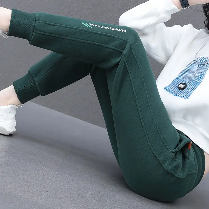 Women's Autumn Winter Elastic High Waist Solid Pockets Tie Feet Harlan Casual Sports Loose Trousers Vintage Fashion Pants
