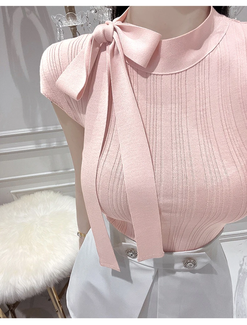 2026 frühling Sommer Slim Fit Sexy Gestrickte T-shirt frauen Tie-Band Mode Kurzarm Tops Elegante Temperament Vielseitig hemd – Detail 16