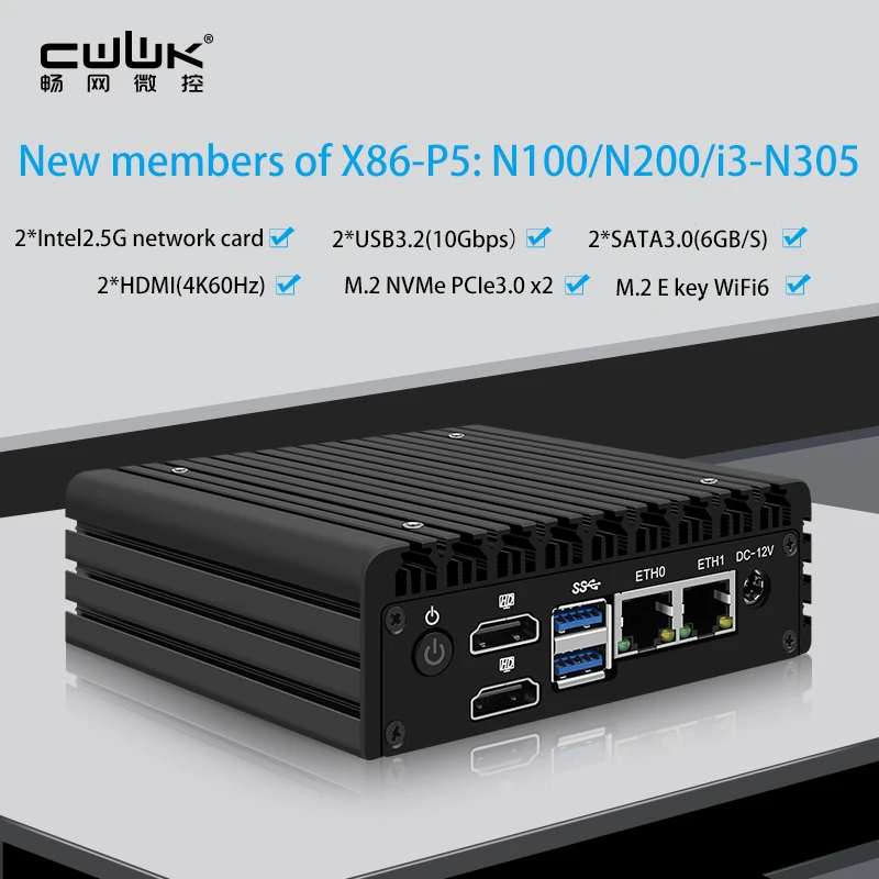 Super Mini Router Geração Doze Intel N305 Ddr5 4800mhz pc Firewall 2x I226-v 2.5g Lan Enviar Cabos Sata Cwwk-x86 p5