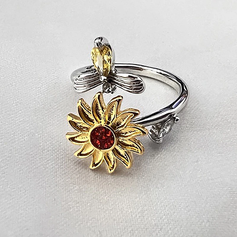 Opening Adjustable Spinning Sunflower Bee Release Stress Ring Rotatable Zircon Copper Finger Ring For Women Fashion Jewelry 4