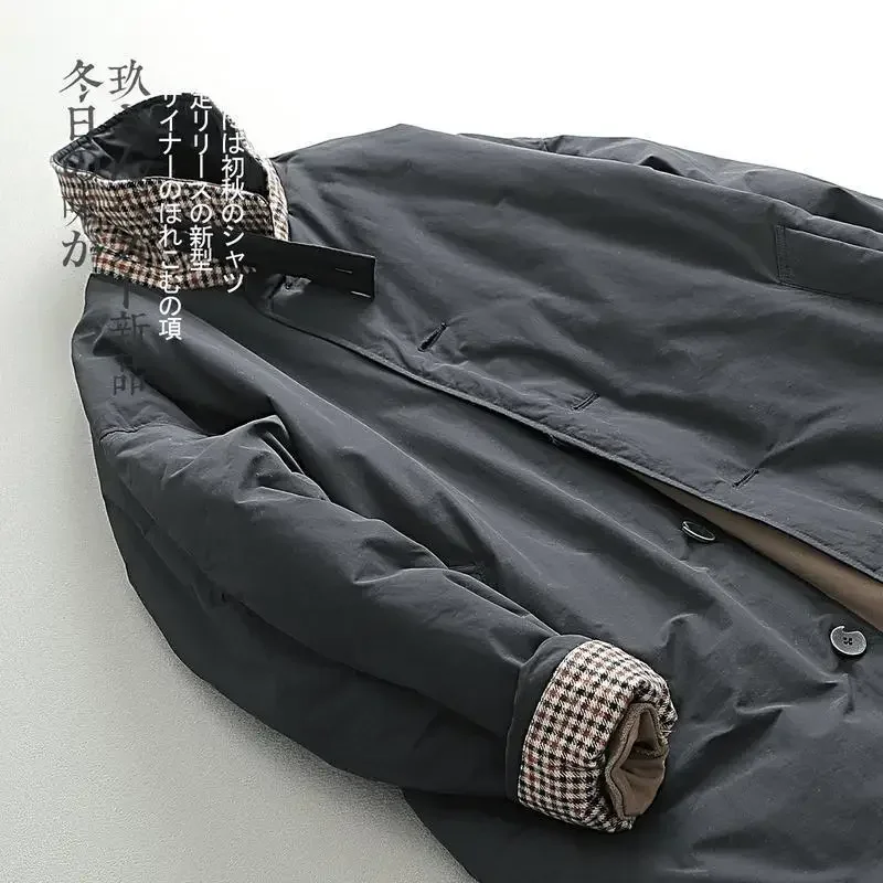 Winter Retro Color-block Collar Cotton-padded Parkas Classic Mid-length Over-the-knee Causal Loose High Street Windbreakers 4