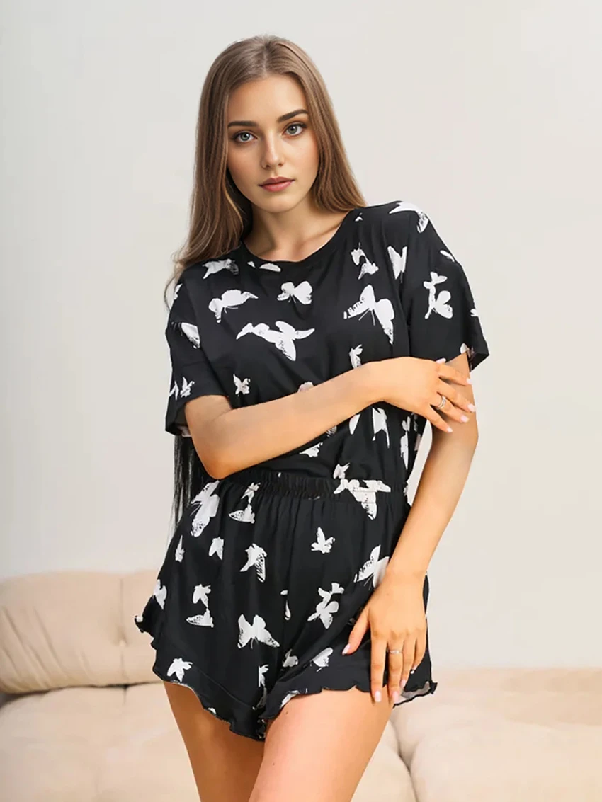 Marthaqiqi Printing Women'S Nightwear 2 Piece Set O-Neck Sleepwear Short Sleeve Nightgowns Shorts Summer Home Clothes For Ladies