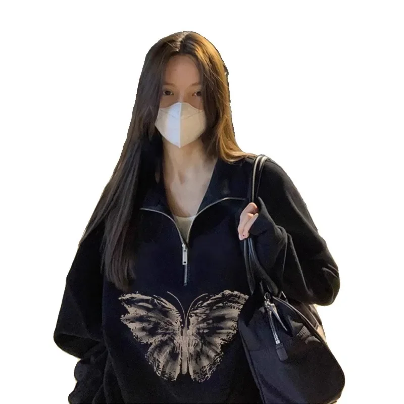 Y2K Gothic Butterfly Print Oversize Zip Up Hoodies Winter New Grunge Half zipper Sweatshirt Casual Hooded Jacket Streetwear 후드티 4