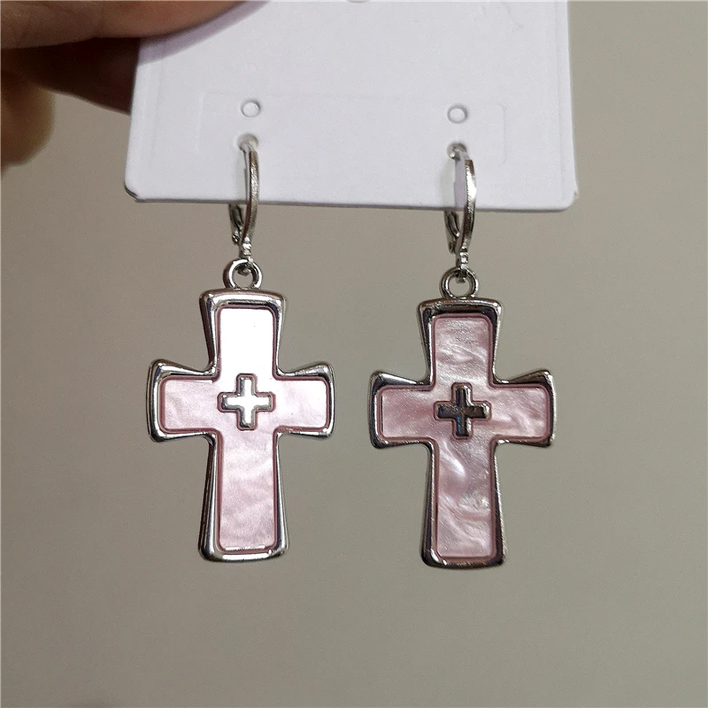 New Gothic Cute Harajuku Y2K Pink Large Cross Pendants Earrings