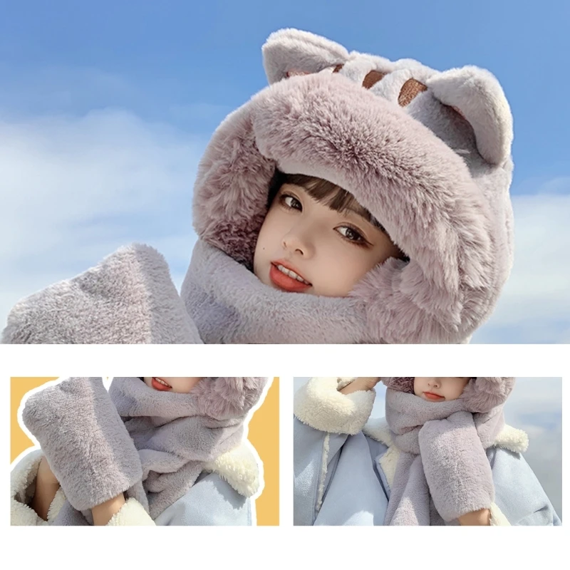 

Плюшевый шарф с карманом шапка с капюшоном шарф зимняя шапка шарф перчатки набор цельный головной убор шапка с кошачьими ушами шапка шарф перчатки