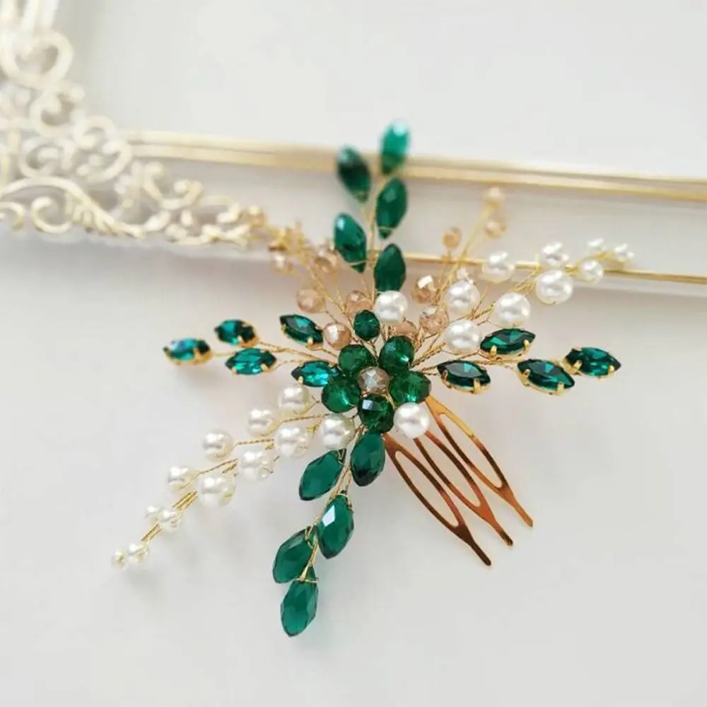 Braut Haarnadeln Diademe Strass grünes Haar Kämme für Frauen Mode Perlen Goldblatt Seiten nadeln Braut Hochzeit Heapdiece Schmuck – Detail 11