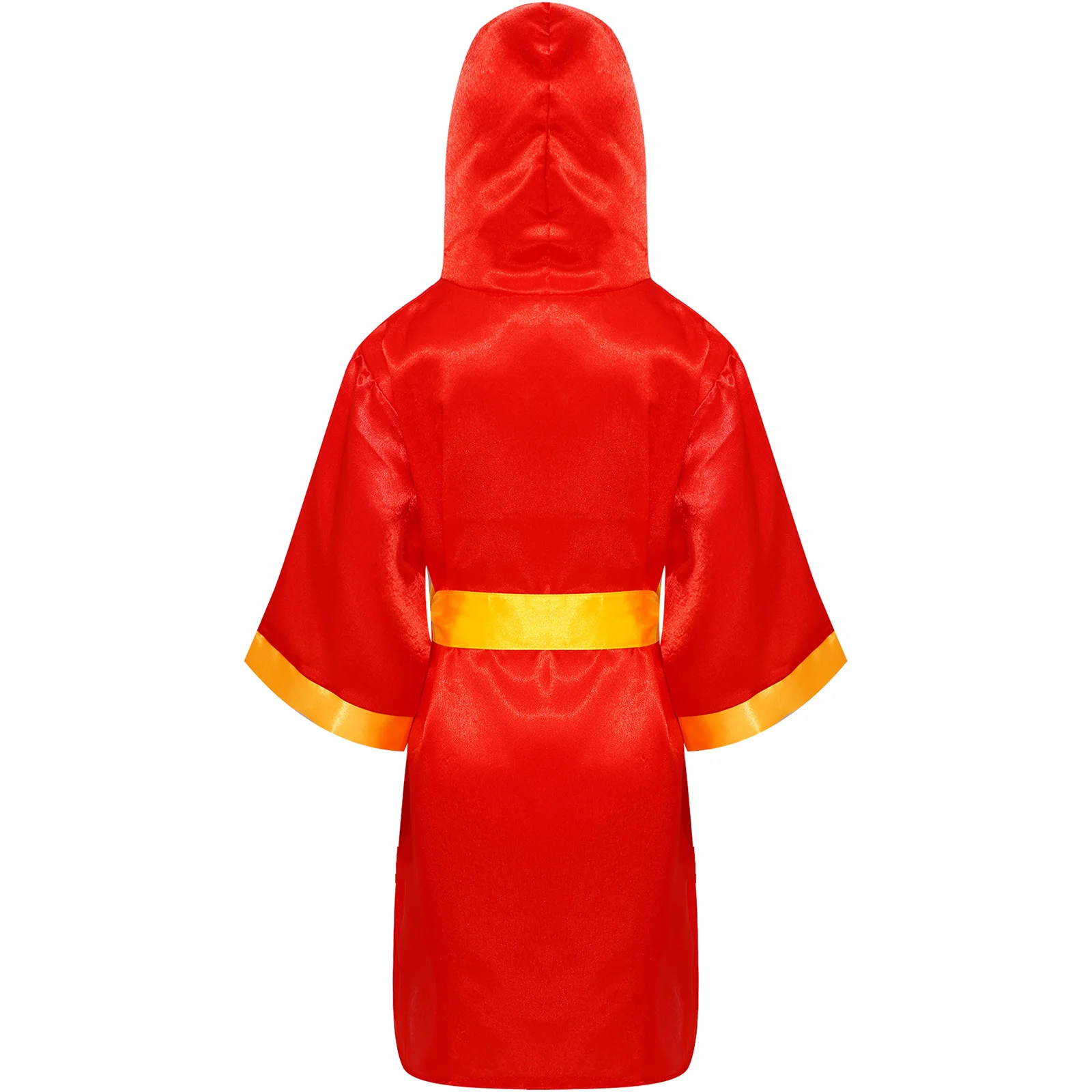 Kids Boys Thai Boxing Robe Boxer Kickboxing Sportswear Satin Hooded Robe Boxing Cloak with Belt Practice Halloween Costume