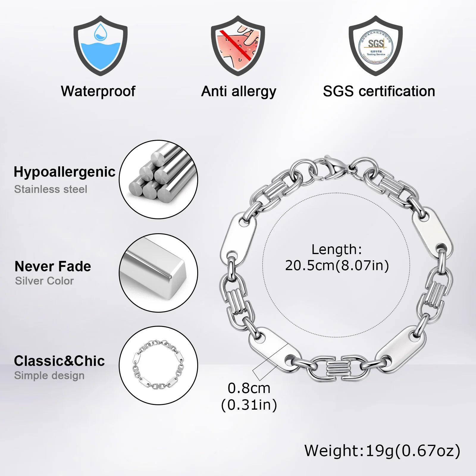 Vnox 8MM Stainless Steel Link Chain Bracelet for Men, 20.5cm Length Lobster Clasp Wristband, Trendy Gifts for Father Husband Son 4