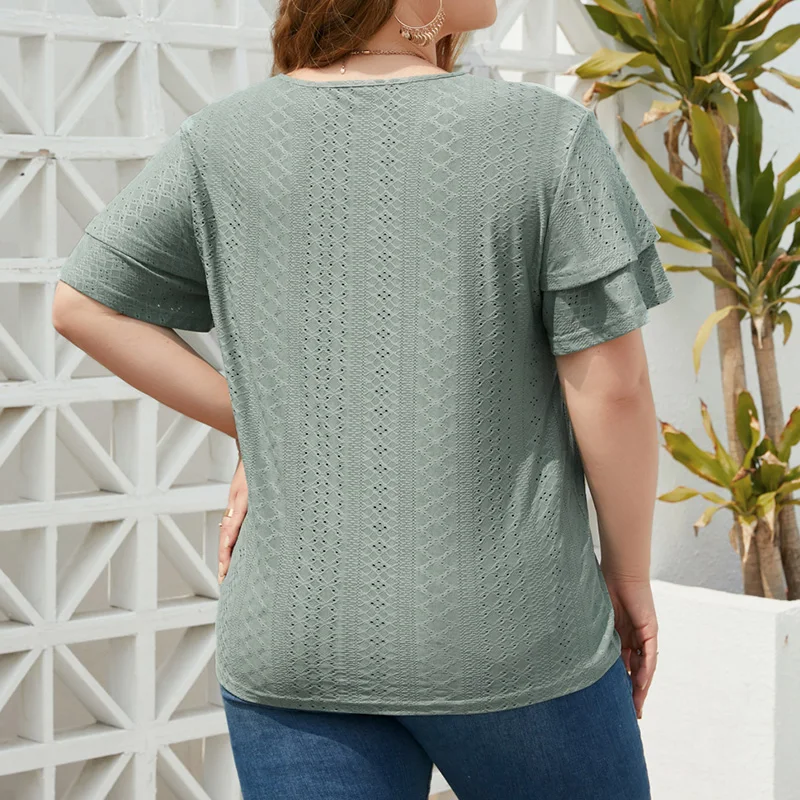 Spring Summer Women's Loose-Fitting Casual T-shirt Plus Size Clothes V-Neck Hollow Out Solid Color Short Sleeve Pullover Tops
